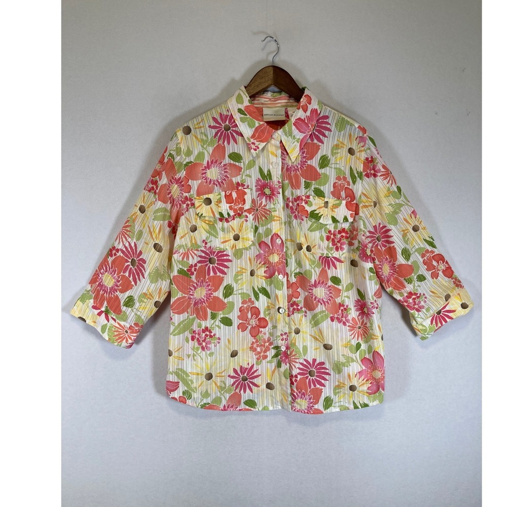 Coastal Floral Alfred Dunner Women 16W Pink Yellow Seersucker 3/4 Sleeve Blouse